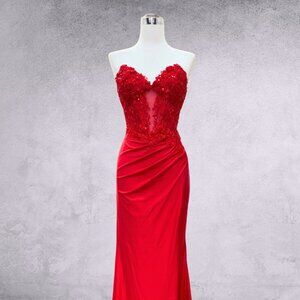 NFS Maxi Strapless Long Floral Dress w/ Sheer Bodice & Lace Up Back AC 7083